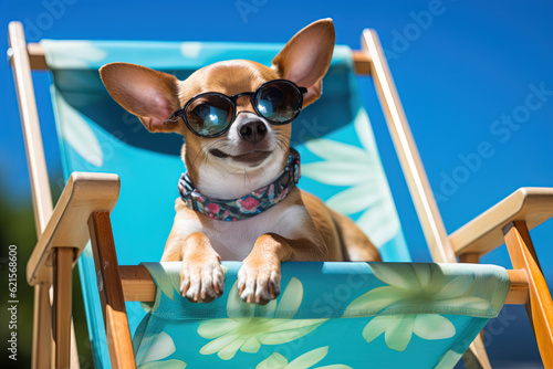 Happy chihuahua dog at the beach. Summer vacation. Generative AI.
