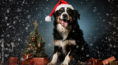 christmas dog with santa claus hat and snowflakes generativa IA