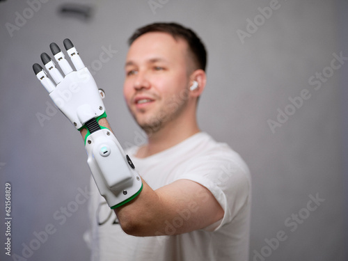 Cyberpunk Future: A man with a modern cybernetic prosthetic arm