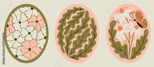 Abstract retro floral posters. Collection of three vector botanical flat composition in oval form. Ideal for interior decoration, posters, t shirt print, social media graphics, wall art, printout