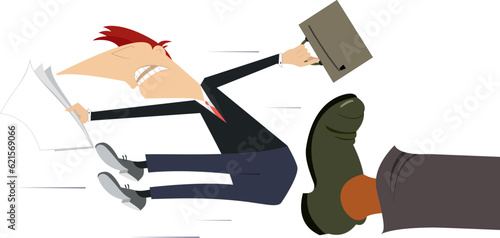 Leg in boot kicks a man to the buttocks illustration. 
Cartoon businessman with papers and a bag is given a kick to the buttocks. Isolated on white background
