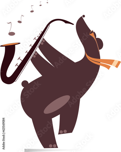 Funny bear a saxophonist illustration. 
Cartoon bear playing music on saxophone with inspiration. Isolated on white background
