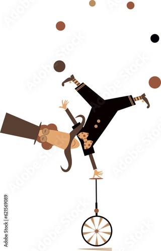 Funny man in the top hat balances on the unicycle. 
Cartoon in the top hat balances legs up on unicycle and juggles the balls. Isolated on white background
