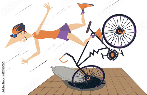 Cyclist falling down from the bicycle. 
Cyclist man gets into a sewer manhole and falls down from the bicycle
