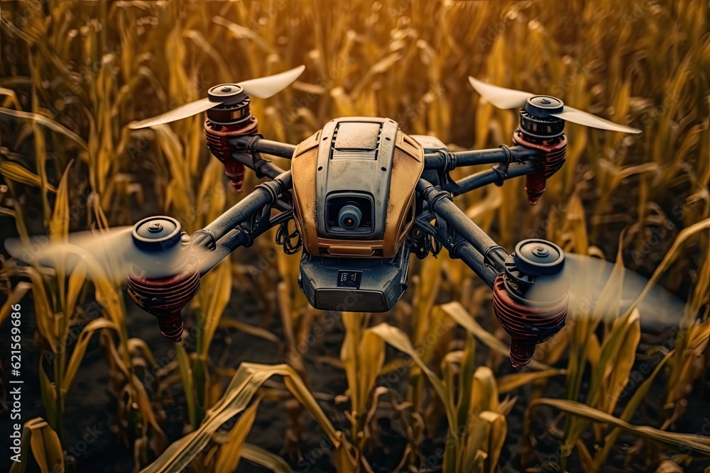 Drone technology soaring above lush corn field. Sunset flight over. Capturing beauty of nature and modern farming techniques Drone technology soaring above lush corn field. Sunset flight over. Capturing beauty of nature and modern farming techniques