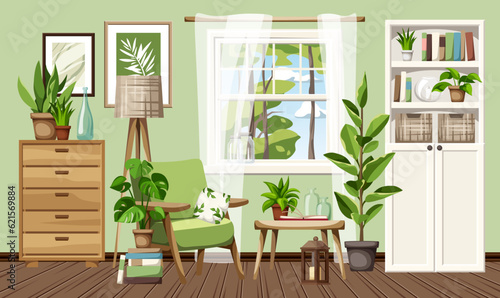 Living room interior design with green walls, an armchair, a white bookcase, a dresser, and houseplants. Cozy room interior design. Cartoon vector illustration