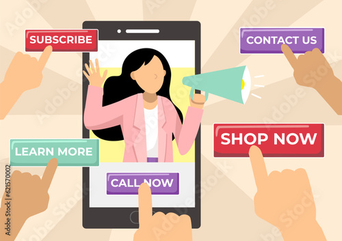 Buttons being clicked as CTA call to actions button showing to the social media platform device