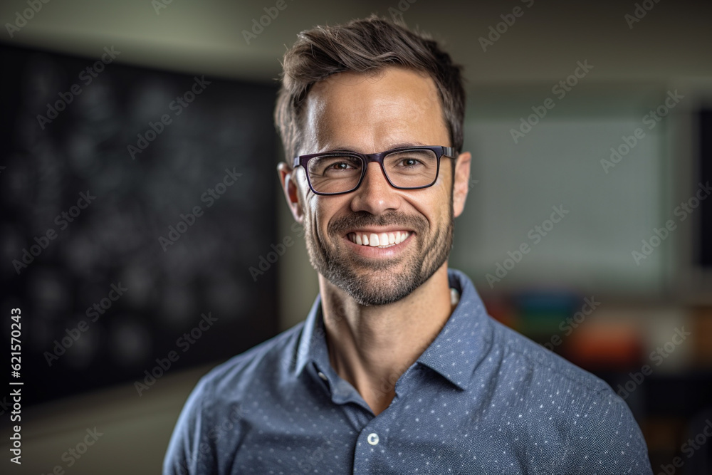 smiling male teacher in front of the whiteboard with Generative AI smiling male teacher in front of the whiteboard with Generative AI