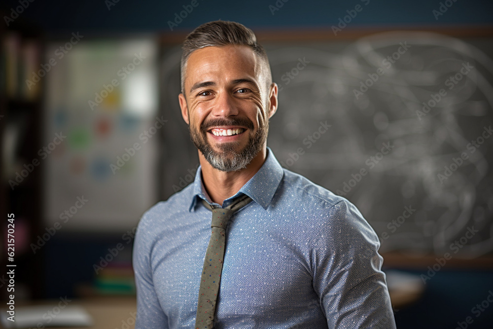 smiling male teacher in front of the whiteboard with Generative AI smiling male teacher in front of the whiteboard with Generative AI
