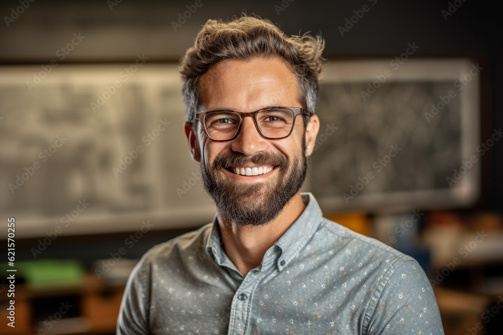 Obraz premium smiling male teacher in front of the whiteboard with Generative AI