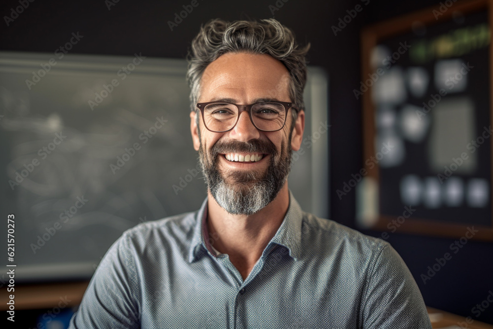 smiling male teacher in front of the whiteboard with Generative AI smiling male teacher in front of the whiteboard with Generative AI