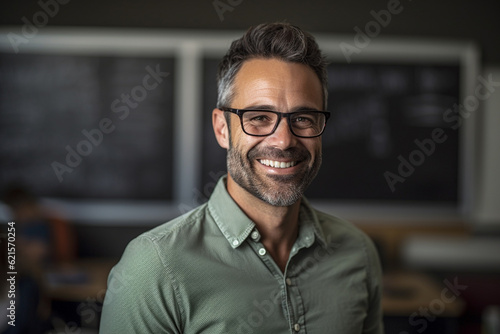 smiling male teacher in front of the whiteboard with Generative AI