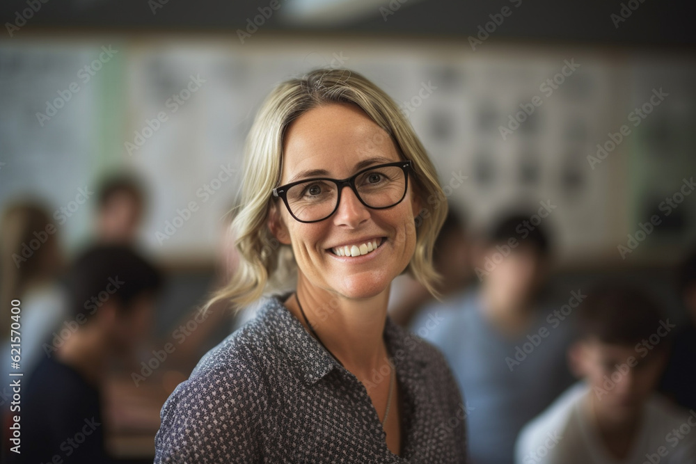 smiling female teacher in front of the whiteboard with Generative AI smiling female teacher in front of the whiteboard with Generative AI