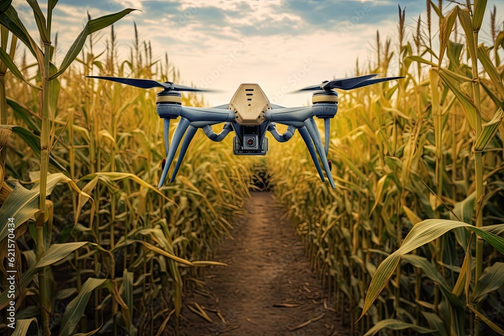 Drone technology soaring above lush corn field. Sunset flight over. Capturing beauty of nature and modern farming techniques