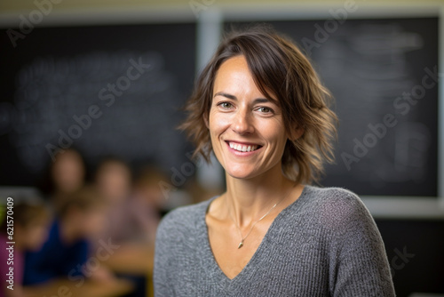 smiling female teacher in front of the whiteboard with Generative AI
