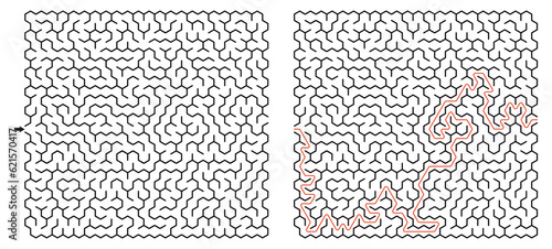 Labyrinth vector graphic. Hexagon (honeycomb) shape, complex maze (labyrinth) game illustration.