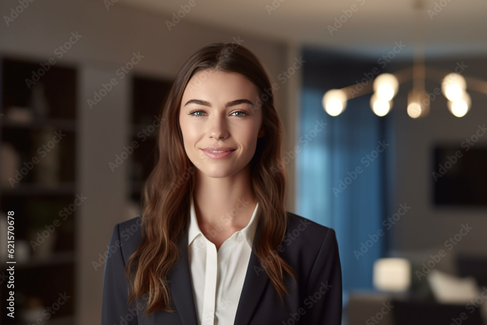smiling female Real Estate Agent in a suit stands in new home with Generative AI smiling female Real Estate Agent in a suit stands in new home with Generative AI