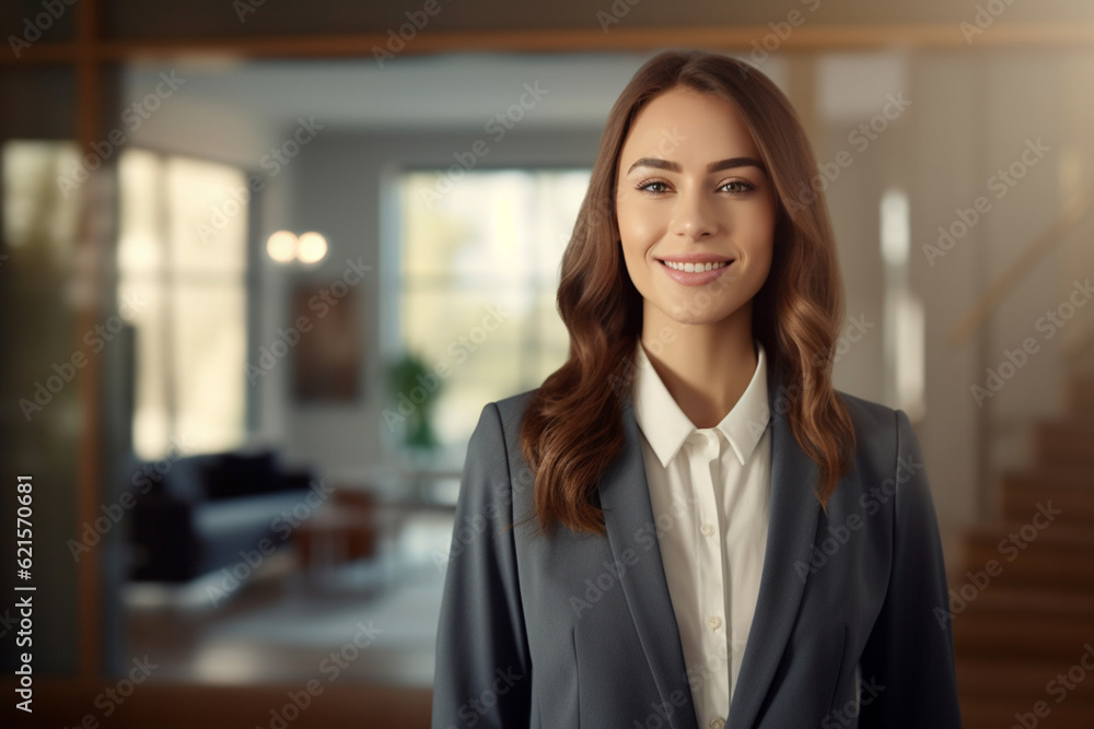 Fototapeta premium smiling female Real Estate Agent in a suit stands in new home with Generative AI