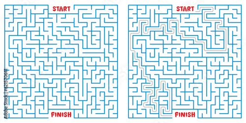 Square color labyrinth with the answer. An interesting game for children and teenagers. Simple flat vector illustration isolated on white background.