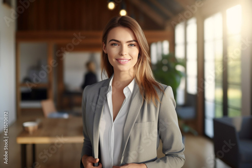 smiling female Real Estate Agent in a suit stands in new home with Generative AI