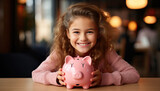 stock photography a child with pink piggy bank on wooden desk