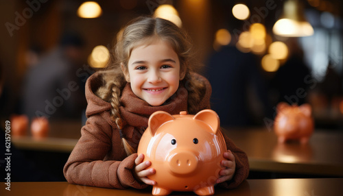 stock photography a child with pink piggy bank on wooden desk
