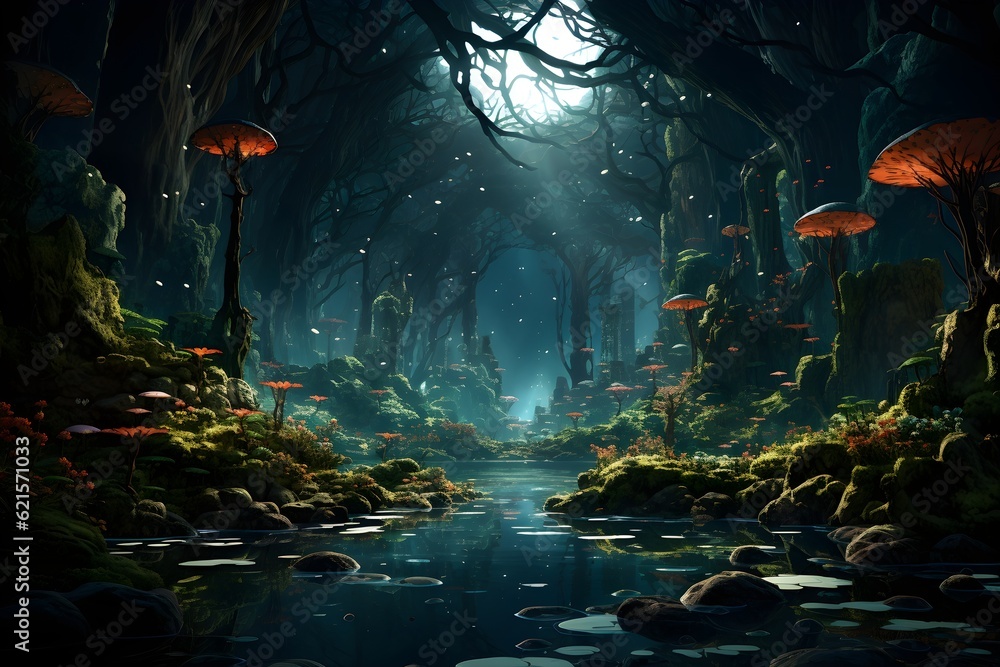 Waterfalls in the deep jungle, lush vegetation, water, magical place, fantasy waterfalls. AI Generative