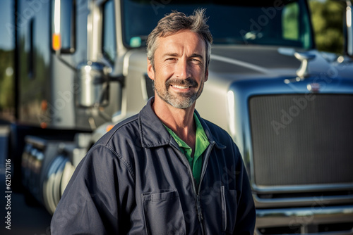 a smiling male truck driver standing in front of his truck with Generative AI