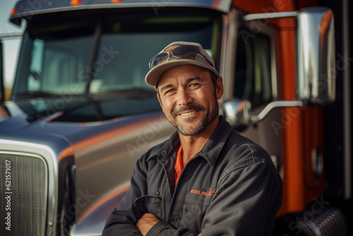 a smiling male truck driver standing in front of his truck with Generative AI