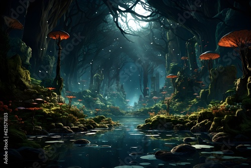 Waterfalls in the deep jungle  lush vegetation  water  magical place  fantasy waterfalls. AI Generative