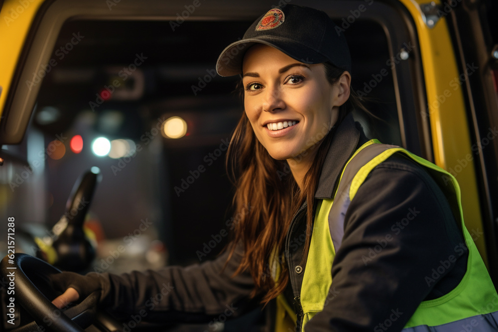 a smiling female truck driver at the wheel of a truck with Generative AI a smiling female truck driver at the wheel of a truck with Generative AI