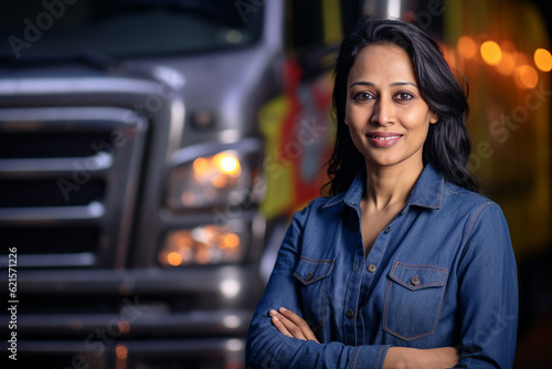 a smiling female truck driver standing in front of her truck with Generative AI