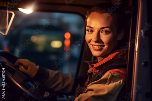 a smiling female truck driver at the wheel of a truck with Generative AI