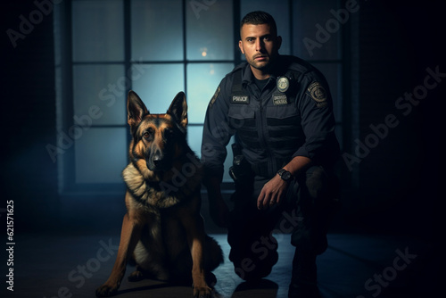 policeman with his german shepard with Generative AI photo