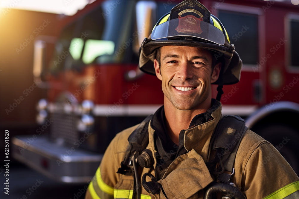a smiling male firefighter in front of the fire truck with Generative AI a smiling male firefighter in front of the fire truck with Generative AI