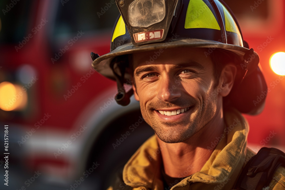 a smiling male firefighter in front of the fire truck with Generative AI a smiling male firefighter in front of the fire truck with Generative AI