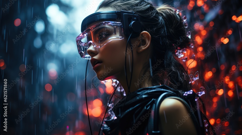 Futuristic shot, robot woman walking in a digital forest. Generative AI Futuristic shot, robot woman walking in a digital forest. Generative AI