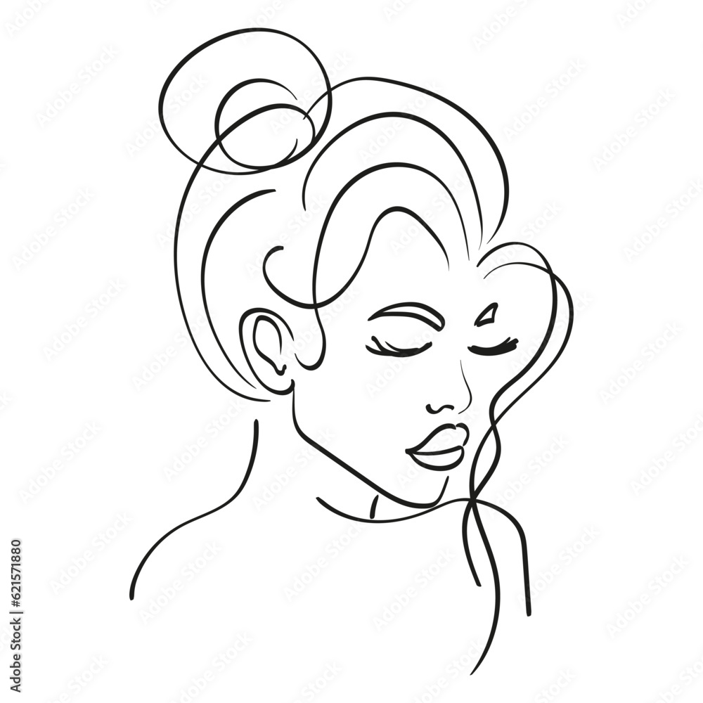 Abstract portrait of a female face. Minimalist sketch with one line. Face line art. Black and white minimal vector illustration for cosmetics, beauty salon. Poster, tee print, wall art. Abstract portrait of a female face. Minimalist sketch with one line. Face line art. Black and white minimal vector illustration for cosmetics, beauty salon. Poster, tee print, wall art.