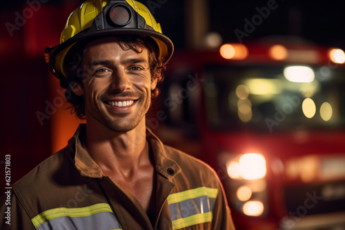 a smiling male firefighter in front of the fire truck with Generative AI