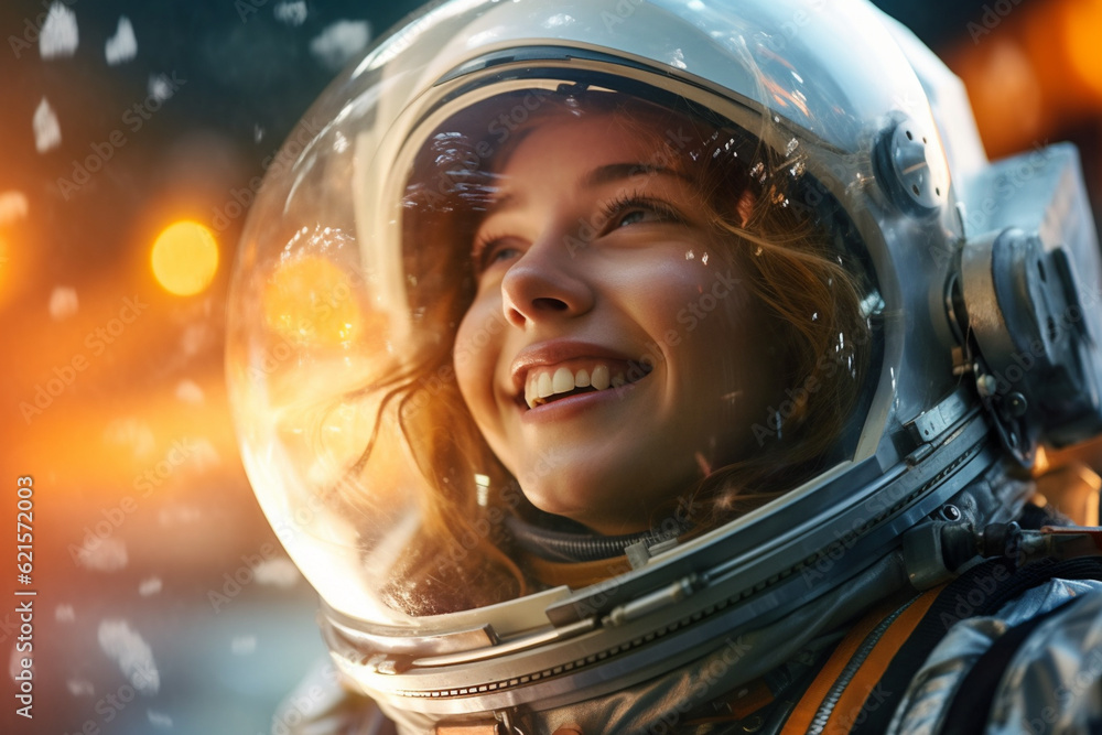 a happy astronaut woman in space helmet and space theme with Generative AI