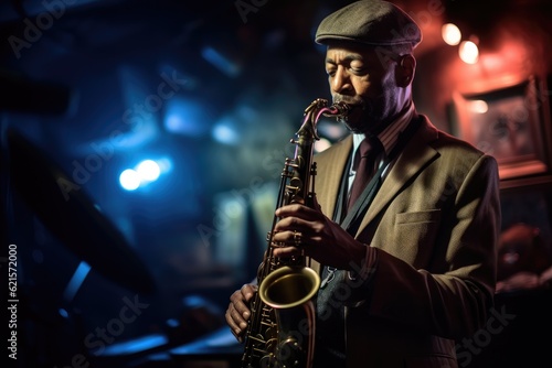 Inside a dimly lit jazz club  a saxophonist performs on stage  lost in his music. Generative AI