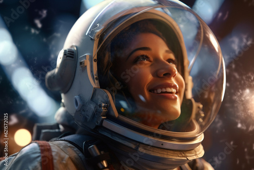 a happy astronaut woman in space helmet and space theme with Generative AI © toonsteb
