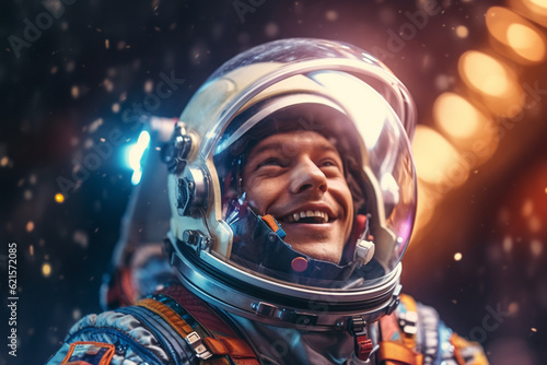 a happy astronaut man in space helmet and space theme with Generative AI