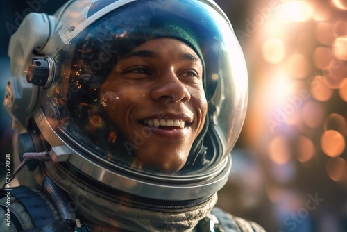 a happy astronaut man in space helmet and space theme with Generative AI © toonsteb