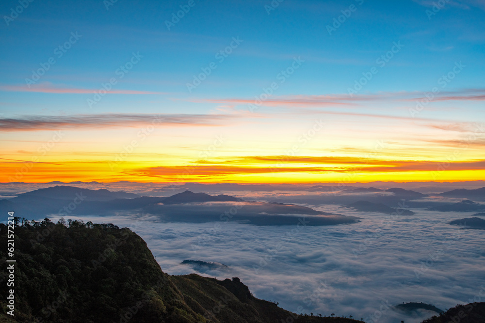 Aerial top view High mountain in morning time. Beautiful natural landscape Beautiful Sunrise Natural view on the hill, sea fog