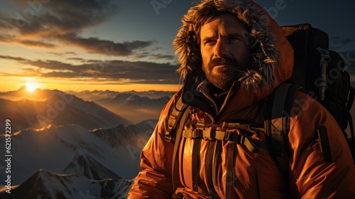 Photo of mountaineer at sunrise in front of wide-angle mountain landscape. Generative AI