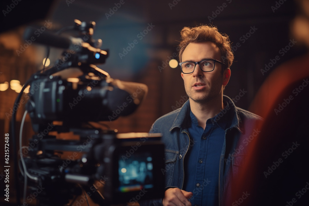 video director speaks on the set of a movie production with Generative AI video director speaks on the set of a movie production with Generative AI