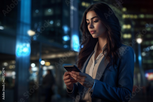 a business woman at night using phone at night city with Generative AI