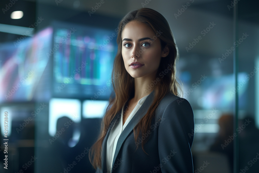 Fototapeta premium business woman presenting business plans in digital boardroom with Generative AI