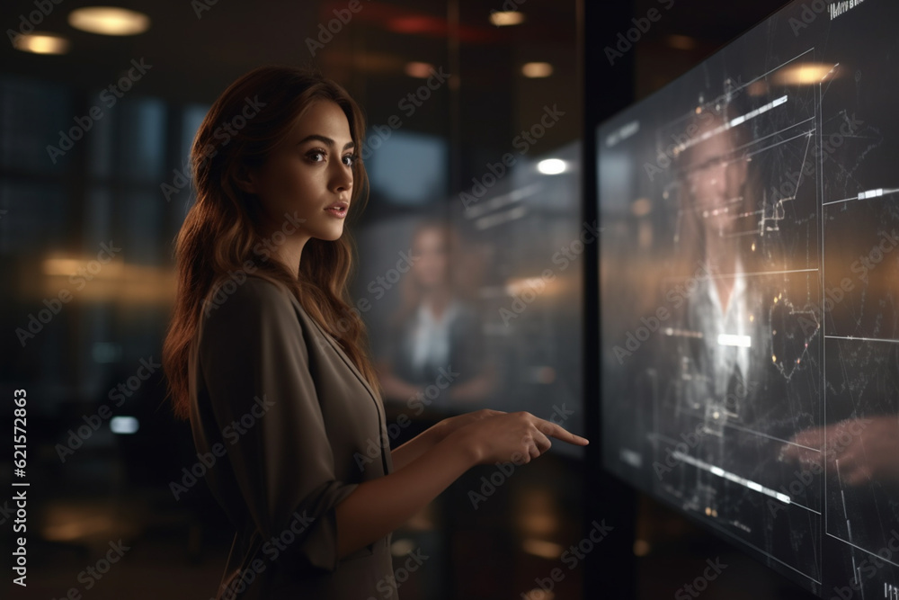 business woman presenting business plans in digital boardroom with Generative AI